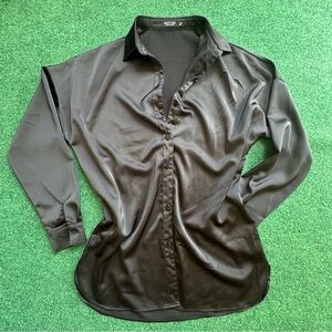 Nasty Gal Silky Satin Black Button Down Shirt